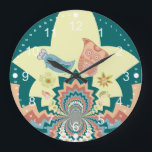 Fun Crazy Owl Birds Chevron Pattern Large Clock<br><div class="desc">Fun Crazy Owl Birds and Flowers Kaleidoscope Chevron Pattern in coral,  aqua blue,  and mustard.  A great gift for teens and anyone who loves colour and unique interesting designs.</div>