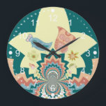 Fun Crazy Owl Birds Chevron Pattern Large Clock<br><div class="desc">Fun Crazy Owl Birds and Flowers Kaleidoscope Chevron Pattern in coral,  aqua blue,  and mustard.  A great gift for teens and anyone who loves colour and unique interesting designs.</div>