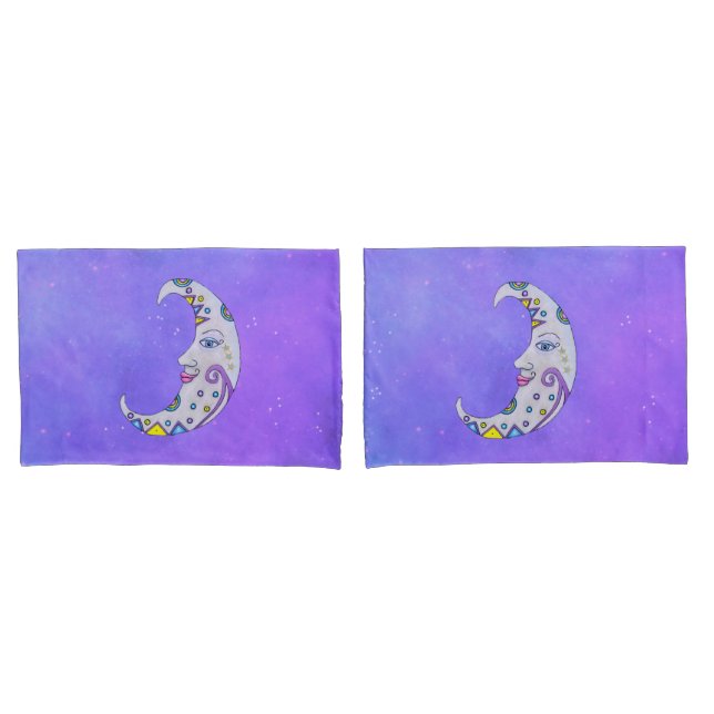 Fun Crescent Moon With Face Festive Markings Sky Pillowcase (Front-Set)