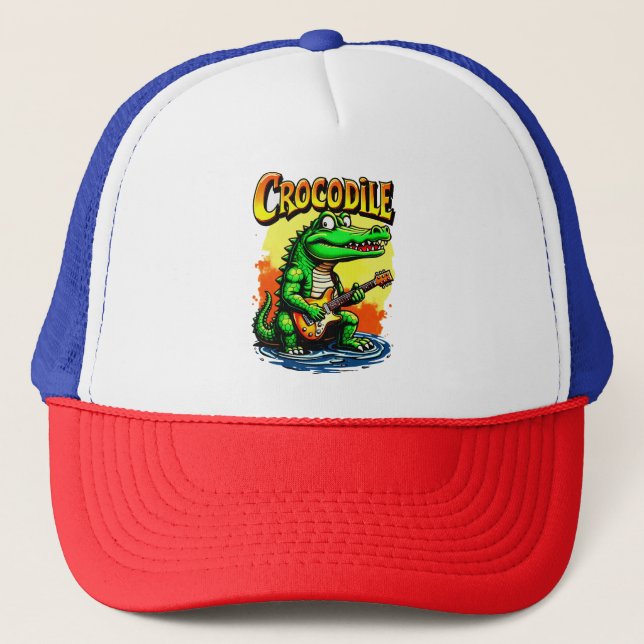 Fun Crocodile T-Shirt: Guitar-Playing Graphic  Trucker Hat (Front)