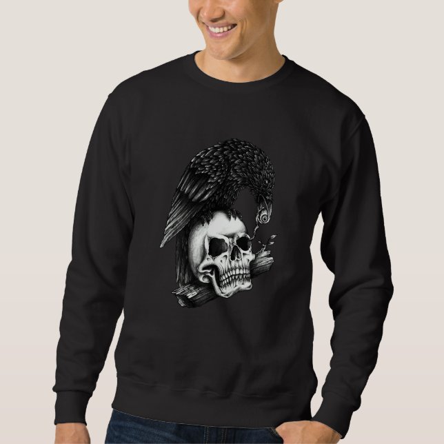 FUN CROW AND SKELETON  CROW EATING EYE FROM A SKEL SWEATSHIRT (Front)