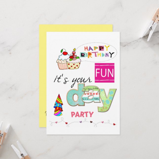 FUN Cupcake Happy Birthday Invitation  (Front/Back In Situ)