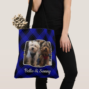 Fun Custom 2 Photo Frame Blue & Black Plaid Tote Bag