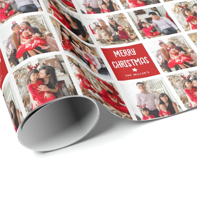 Fun Custom 8 x Photo Grid Merry Christmas Wrapping Paper (Roll Corner)