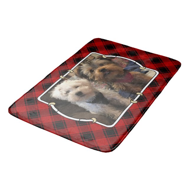 Fun Custom Christmas Red & Black Plaid Photo Frame Bath Mat (Angled)