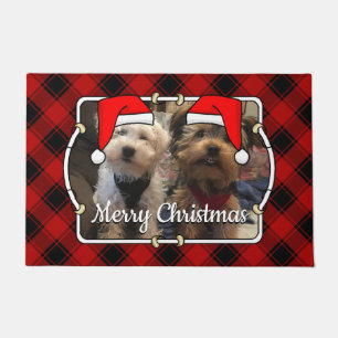 Fun Custom Christmas Red & Black Plaid Photo Frame Doormat
