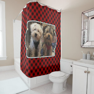 Fun Custom Christmas Red & Black Plaid Photo Frame Shower Curtain