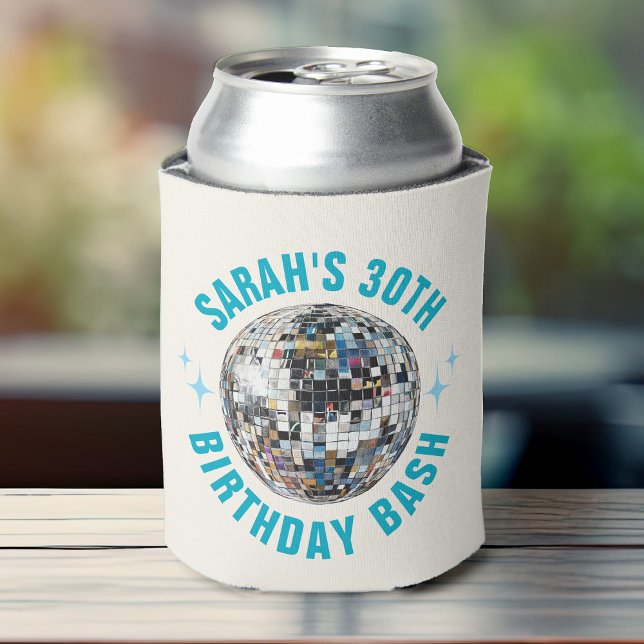 Fun Custom Disco Ball 30th Birthday Favour Can Cooler (Colorful can cooler featuring a disco ball design, perfect for a 30th birthday party celebration.)