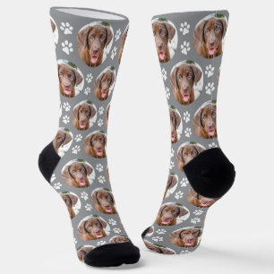 Fun Custom Dog Photo Grey Trendy Pet Paw Prints Socks