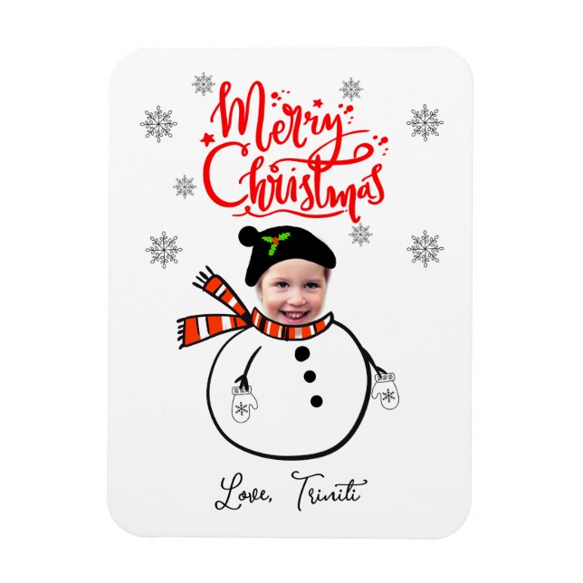 Fun Custom Face Photo Cute Snowman Merry Christmas Magnet (Vertical)
