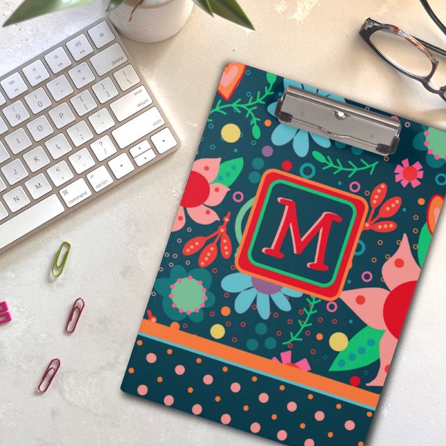 Fun Custom Flower Stripe Colourful Teacher Initial Clipboard (Creator Uploaded)