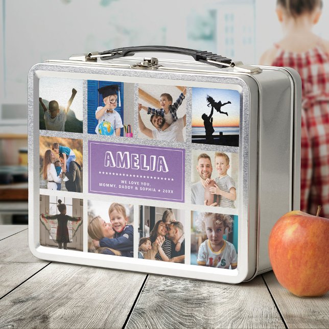 Fun Custom Kids Name Family Photo Collage Purple Metal Lunch Box (Creator Uploaded)