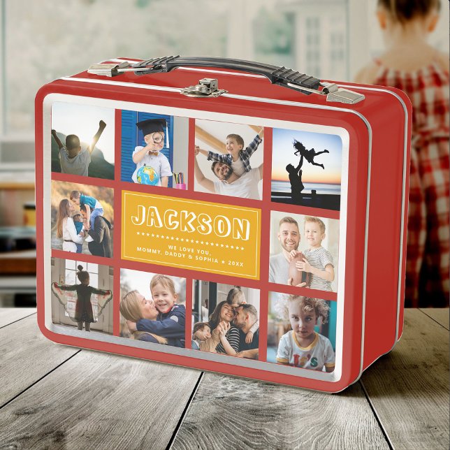 Fun Custom Kids Name Family Photo Collage Yellow Metal Lunch Box (Creator Uploaded)