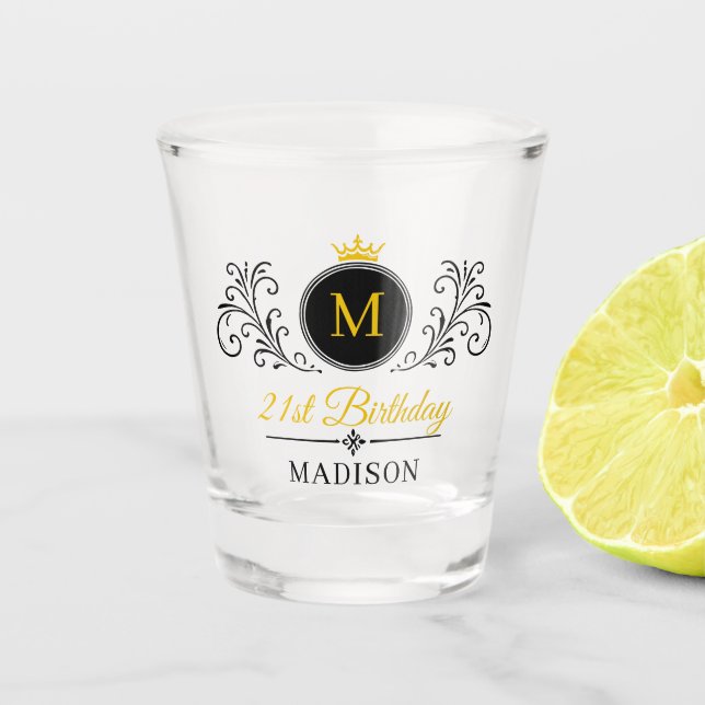 Fun Custom Name Crown Crest Monogram Birthday Shot Glass (Front)