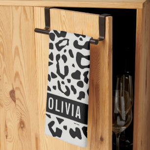Fun Custom Name Snow Leopard Animal Print Pattern Tea Towel