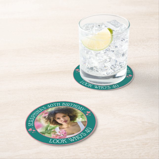 Fun Custom Photo 40th Birthday Party Favour Round Paper Coaster (Insitu)