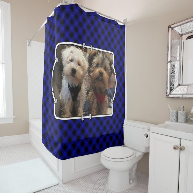Fun Custom Photo Frame Classic Blue & Black Plaid Shower Curtain (In Situ)