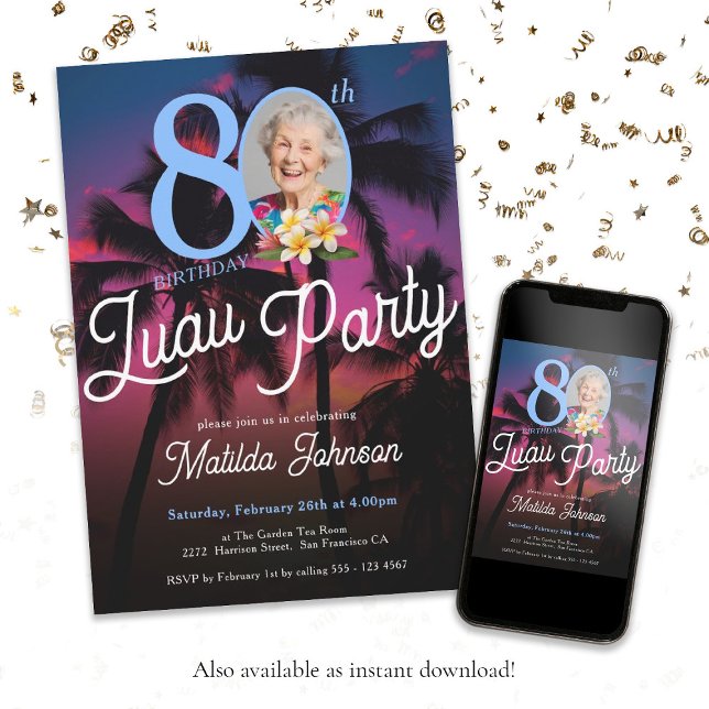 Fun Custom Photo Luau 80th Birthday Party  Invitation (80th Birthday Luau Party Modern Fun Custom Photo Invitation)