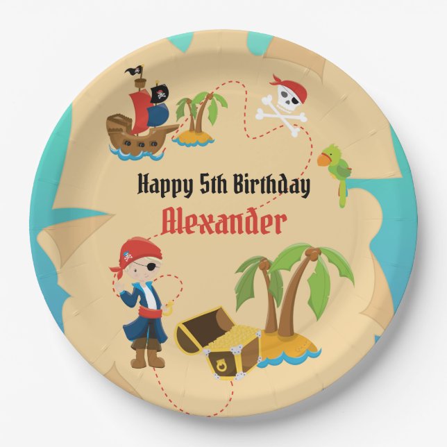 Fun Custom Treasure Map Boy Pirate Birthday Party Paper Plate (Front)