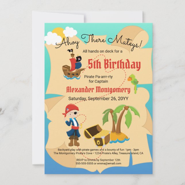 Fun Custom Treasure Map Pirate Boy Birthday Party Invitation (Front)