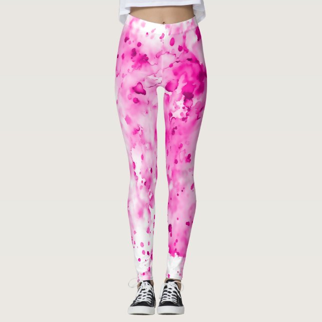 Fun, Cute, Artsy Hot Pink Paint Splatter Leggings (Front)