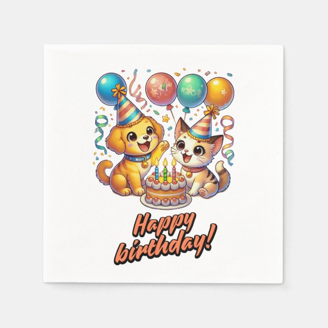 Fun & Cute Birthday Puppy & Kitten Party Napkin (Front)