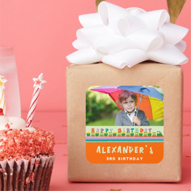 Fun & Cute Birthday Train Boy's Party Favour Photo Square Sticker (Party)