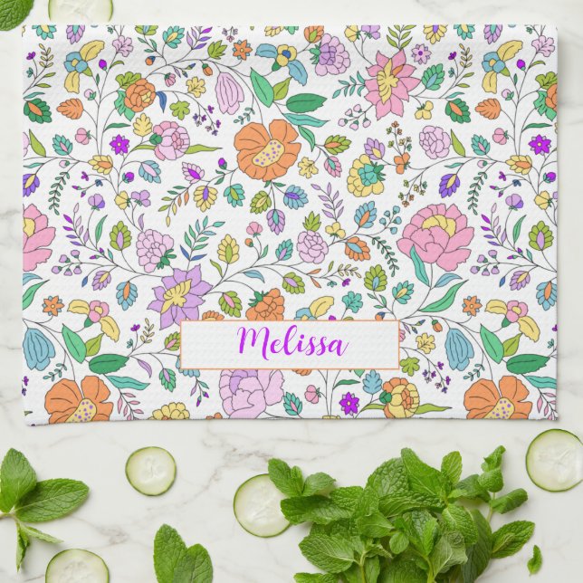 Fun Cute Botanical Colourful Floral Monogram Tea Towel (Folded)