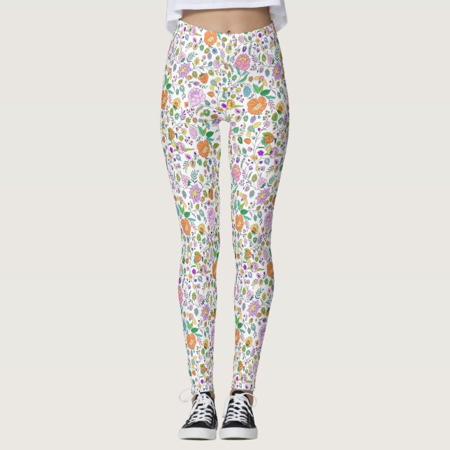 Fun Cute Botanical Colourful Floral Pattern Leggings (Front)