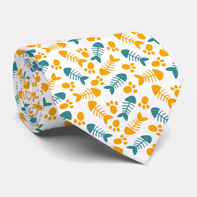 Fun, Cute Cat Paw and Fish Bone Pattern Tie (Rolled)