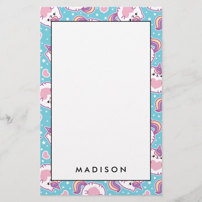 Fun Cute Chubby Kitschy Unicorn Kitty Stationery (Front)