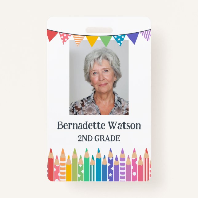 Fun Cute Coloured Pencils School Teacher ID ID Badge (Front)
