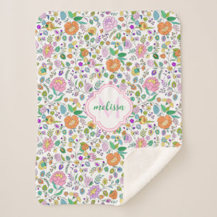 Fun Cute Colourful Floral Monogram Baby Girl Sherpa Blanket