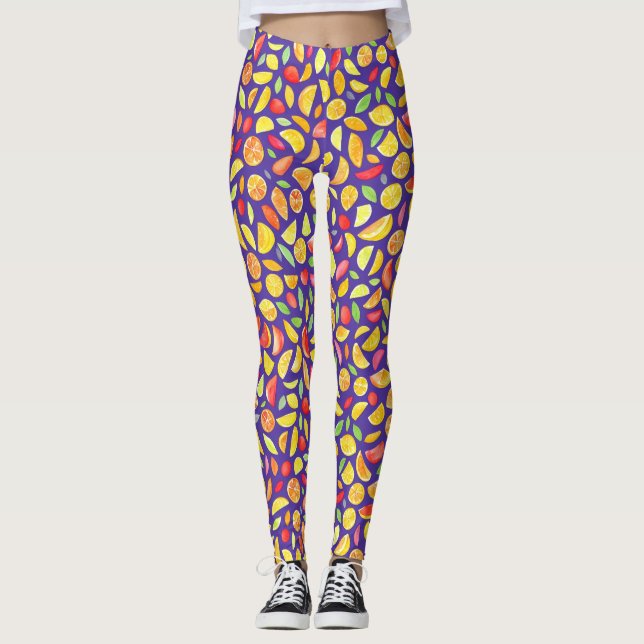 Fun Cute Colourful Fruit Slices Purple Watercolor Leggings (Front)
