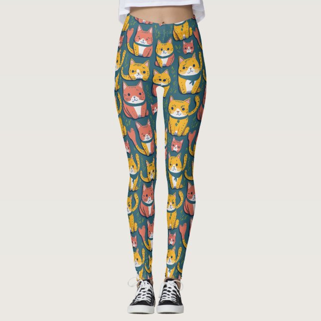 Fun Cute Colourful Kawaii Kitty Yellow Cats Patter Leggings (Front)