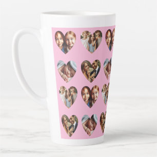 Fun Cute Custom 4-Photo Heart Pattern, Pastel Pink Latte Mug