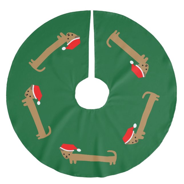 Fun Cute Dachshund Dark Green Christmas Brushed Polyester Tree Skirt (Front)