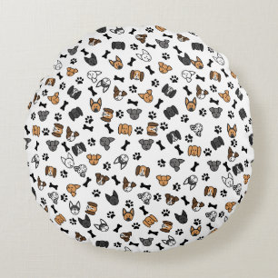 Fun Cute Dog Breeds with Bones and Paw Prints Round Cushion