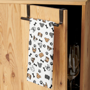 Fun Cute Dog Breeds with Bones and Paw Prints Tea Towel