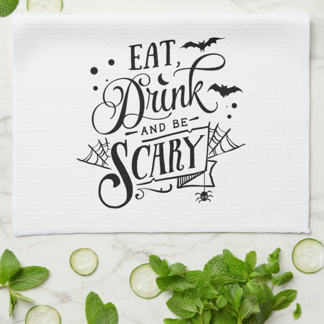 Fun Cute Eat Drink Be Scary Bat Halloween Tea Towel (Folded)