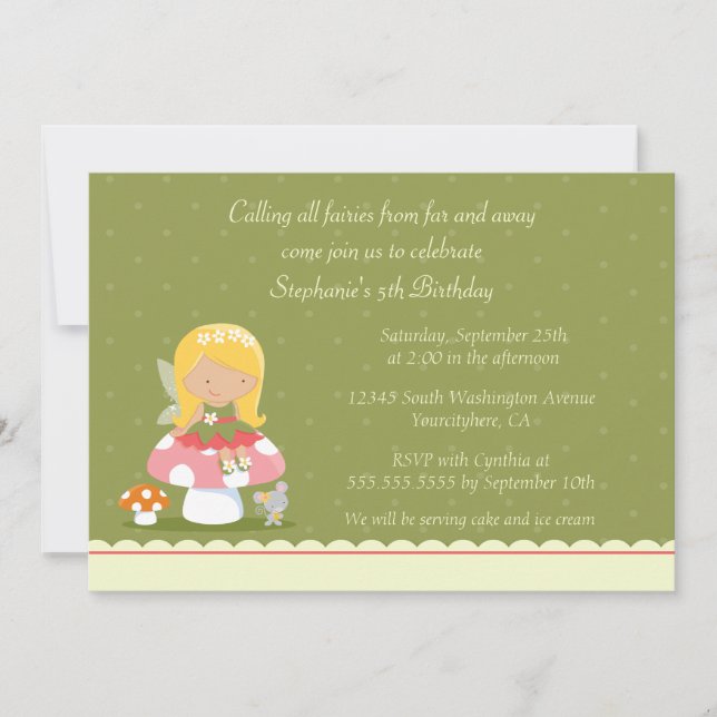 Fun cute fairy girl's birthday party invitation (Front)