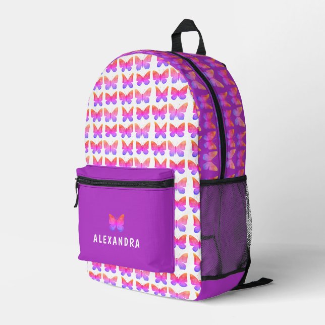 Fun Cute Girl Purple Pink School Butterfly Pattern Printed Backpack (Back Corner Right)