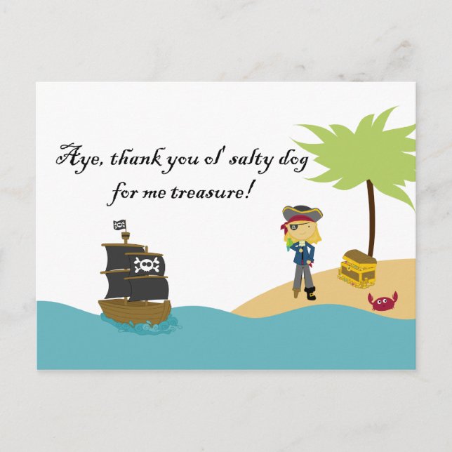 Fun cute girl's pirate thank you postcard (Front)