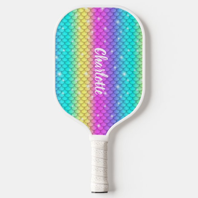 Fun Cute Girly Sparkling Rainbow Mermaid Scales  Pickleball Paddle (Front)
