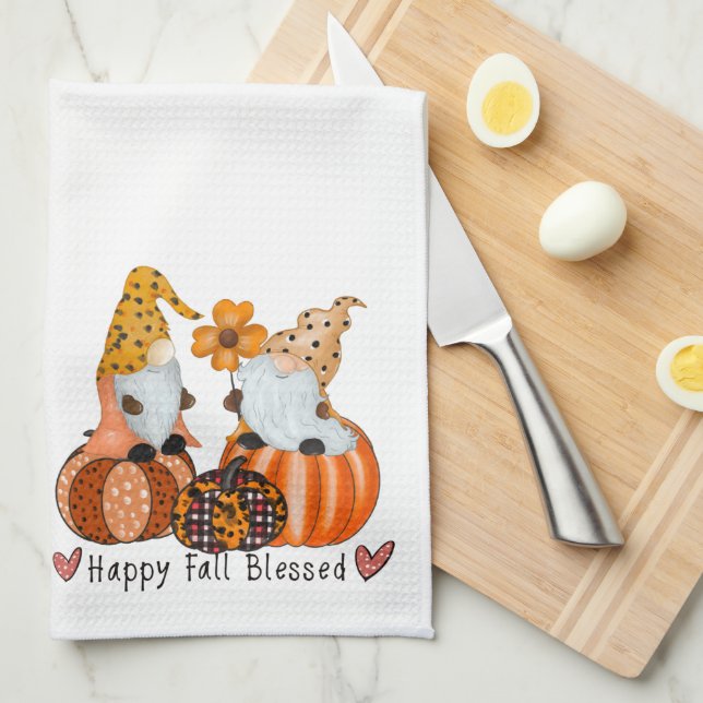 Fun Cute Happy Fall Blessed Gnomes Tea Towel (Quarter Fold)