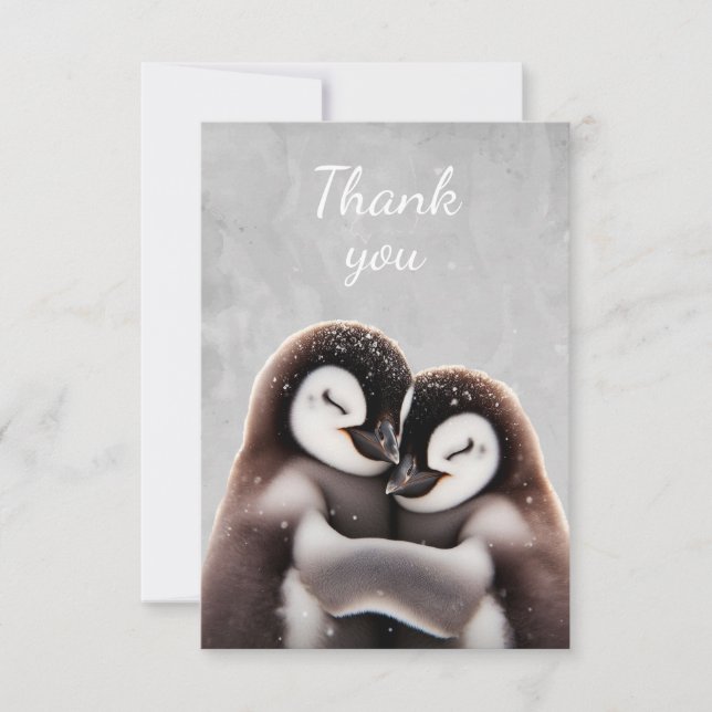 Fun Cute Hugging Penguin Bird Thanks Thank You Card (Front)