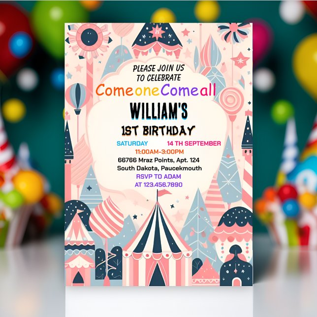 fun cute kids Carnival Circus Show 1st Birthday Invitation (Creator Uploaded)