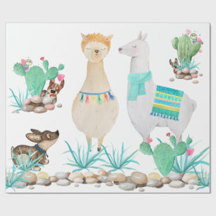 Fun Cute Llama, Dog, Owl Teal Desert Wrapping Paper