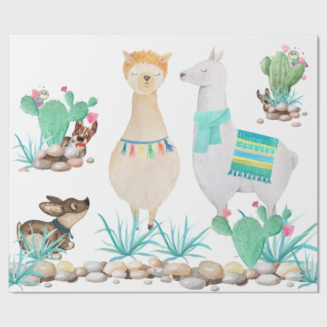 Fun Cute Llama, Dog, Owl Teal Desert Wrapping Paper (Flat)