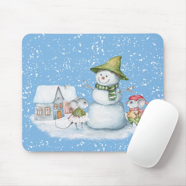 Fun Cute Merry Christmas Snow Holiday Mouse Mat (With Mouse)
